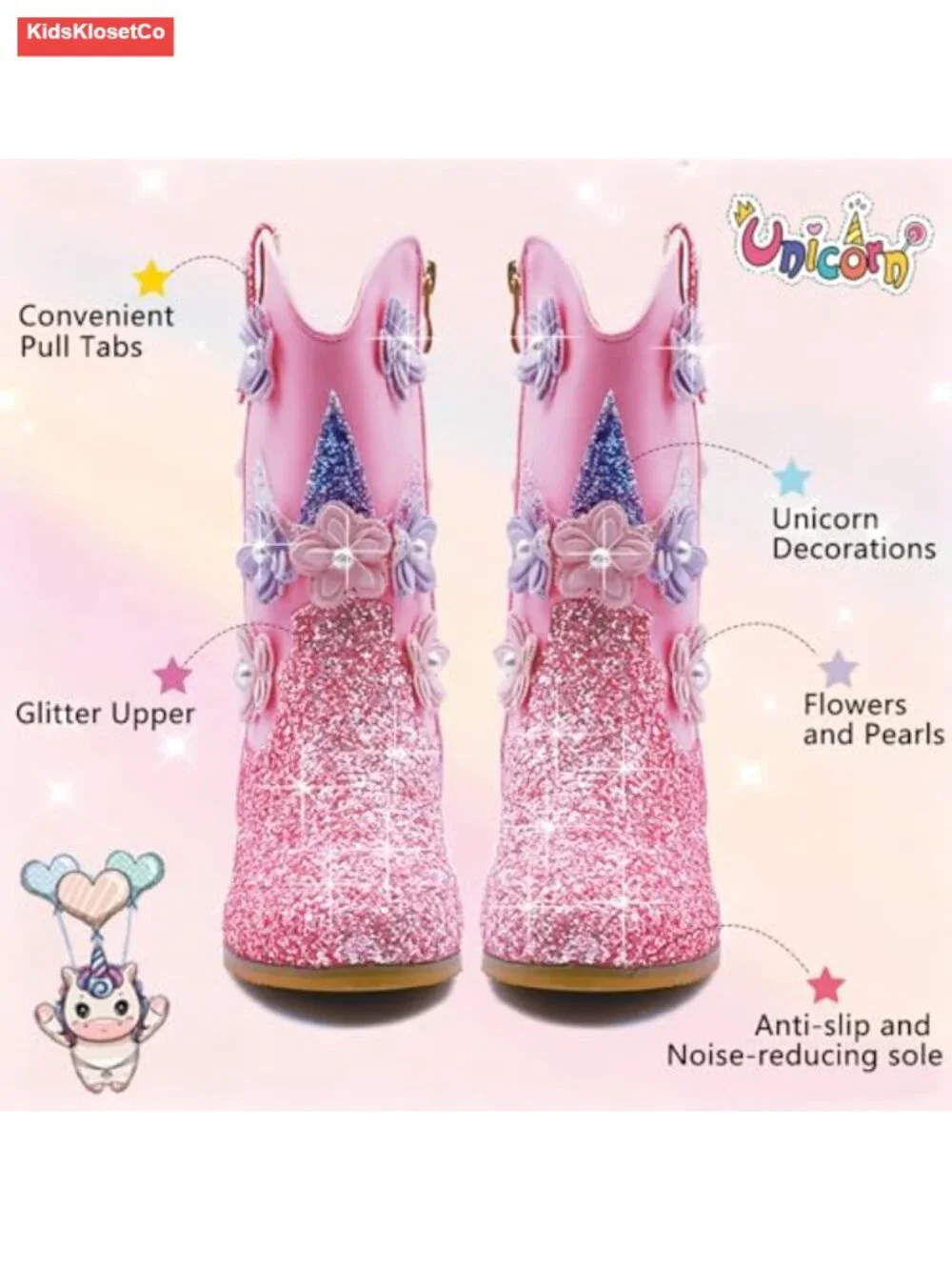 Girls Unicorn Cowgirl Boots Mid Calf Western Toddler Kid Size
